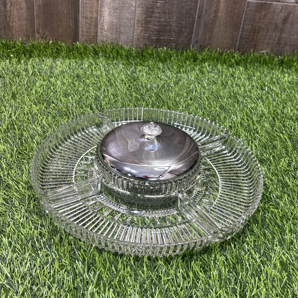 Vintage Chromex MCM Chrome Pressed Glass Lazy Susan Divided Party Platter